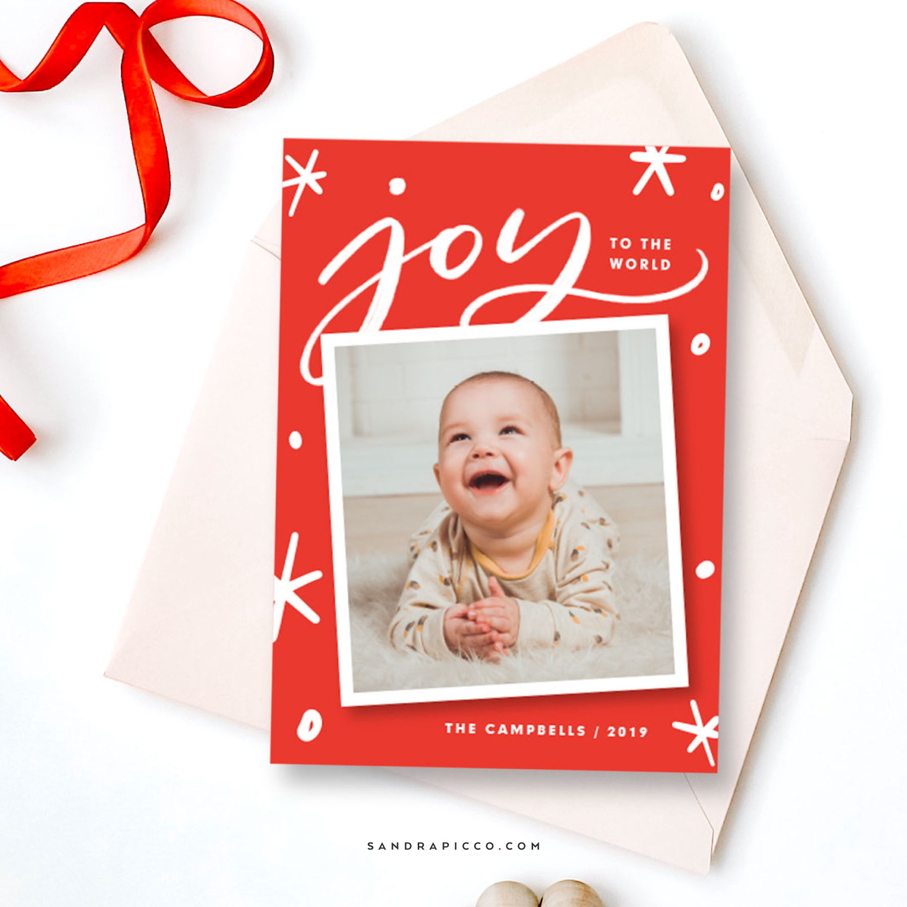 Red Joy to the World holiday photo card by Sandra Picco Design available at PhotoAffections.com