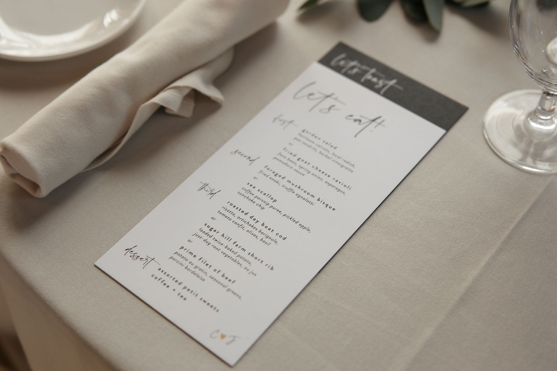Modern wedding dinner and cocktail menus