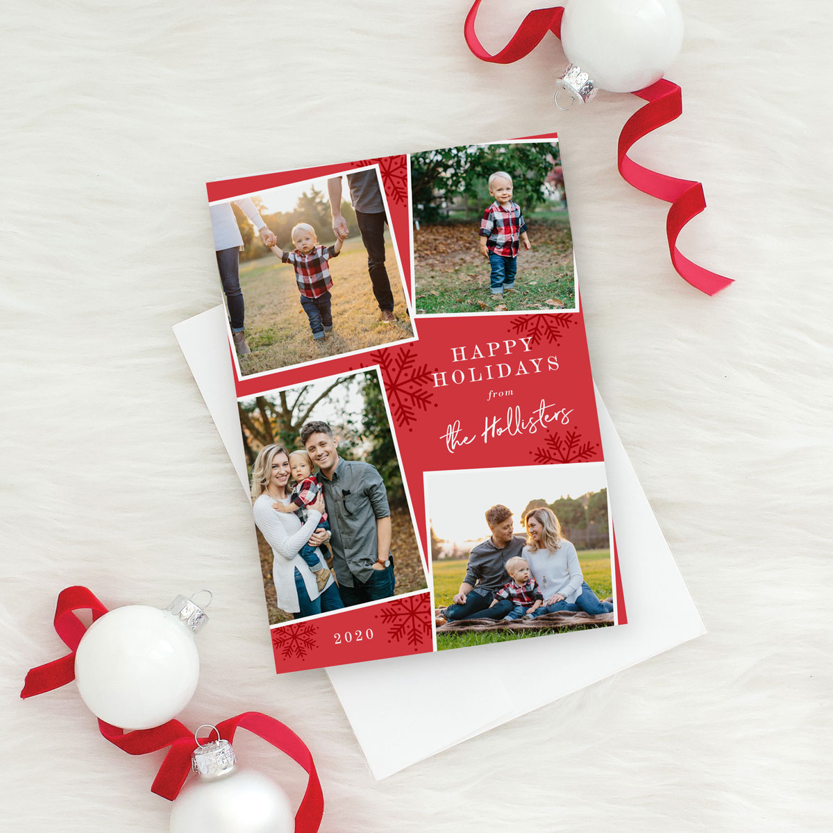 Red snowflake multiphoto holiday card 