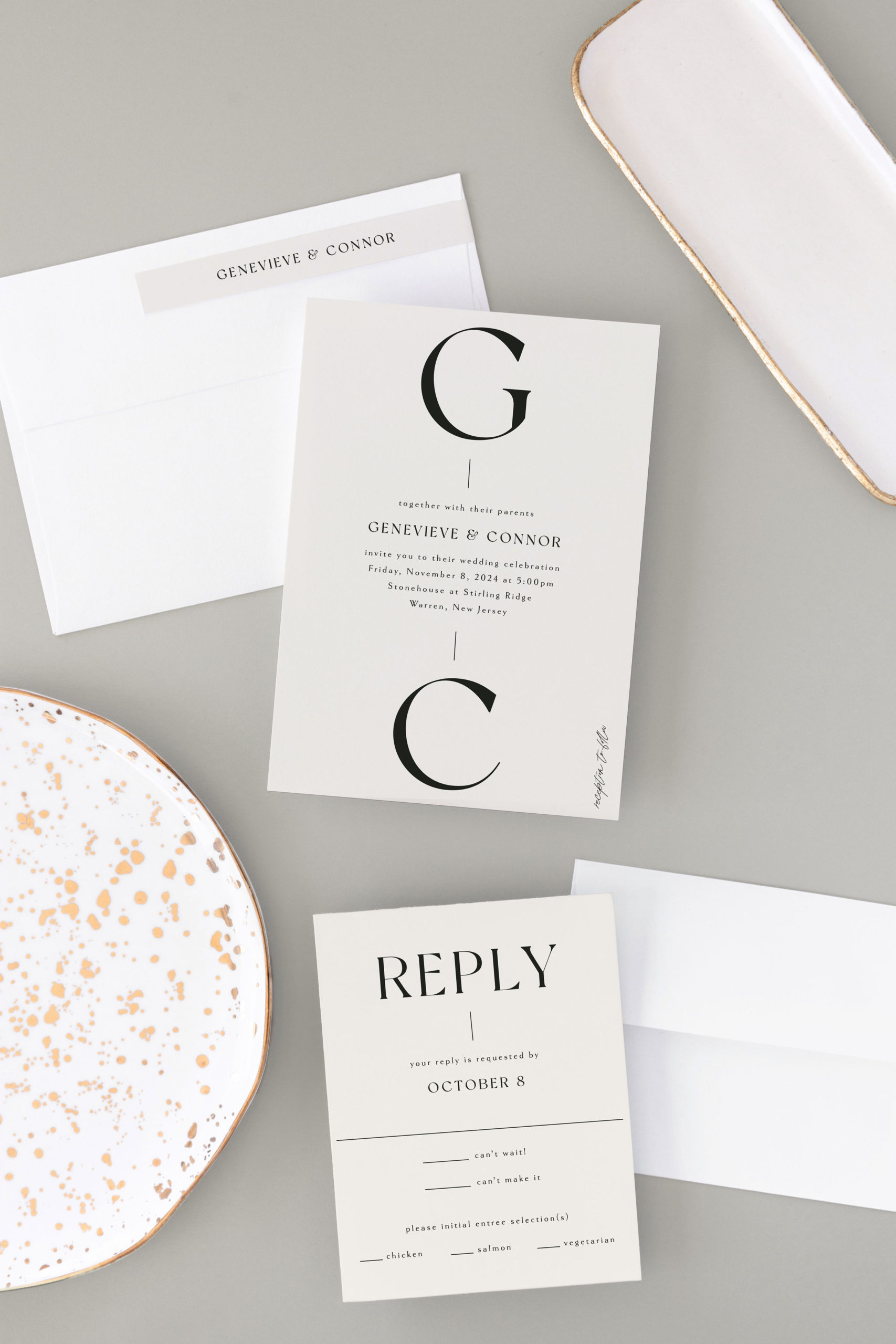 A modern wedding invitation with bold initials, designed for Minted.