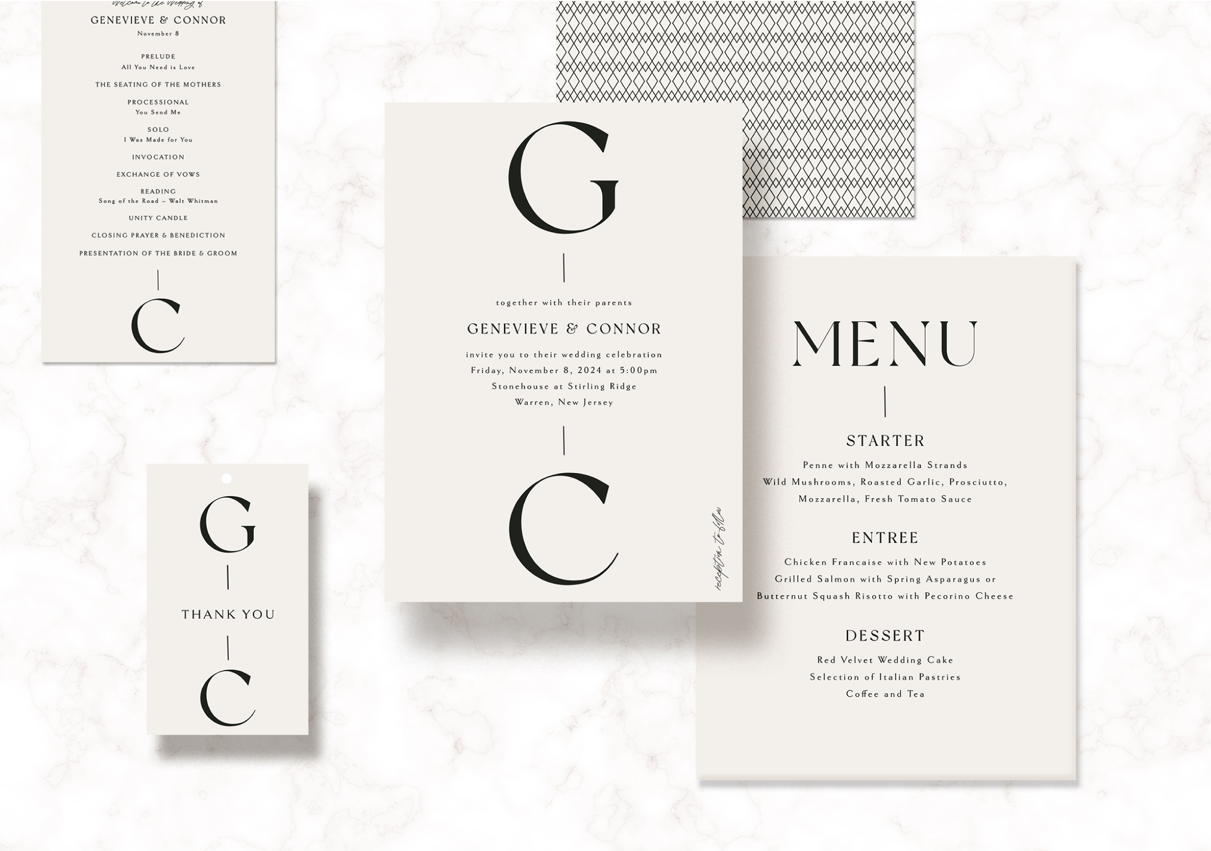 A modern wedding invitation with bold initials, designed for Minted.